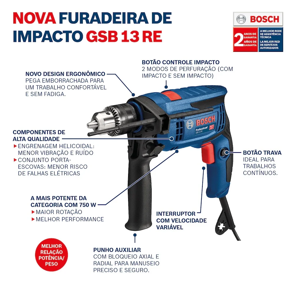 Furadeira De Impacto Gsb 13 Re 750W 220V Bosch - Image 10
