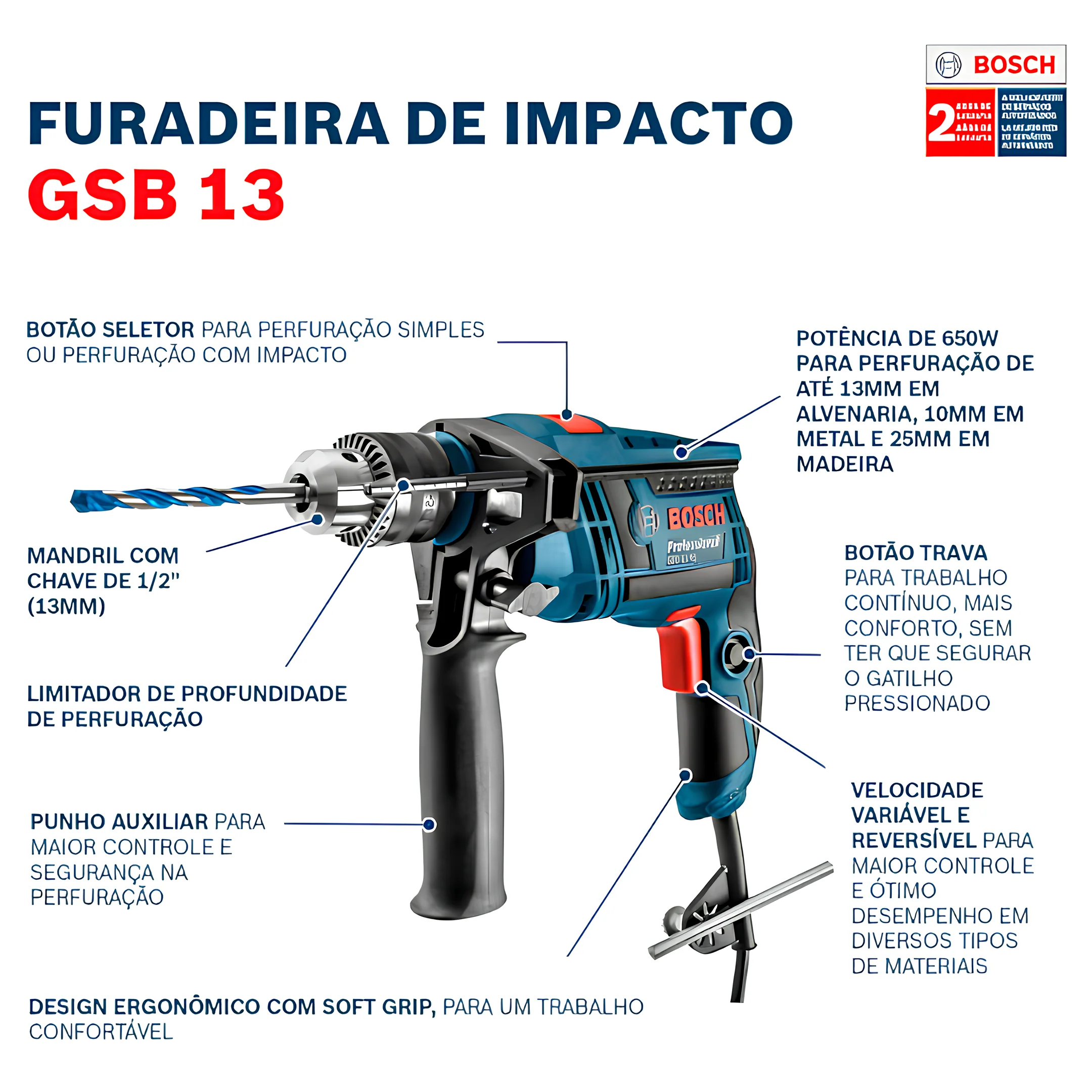 Furadeira De Impacto Gsb 13 RE 650w 220v Professional Bosch - Image 8