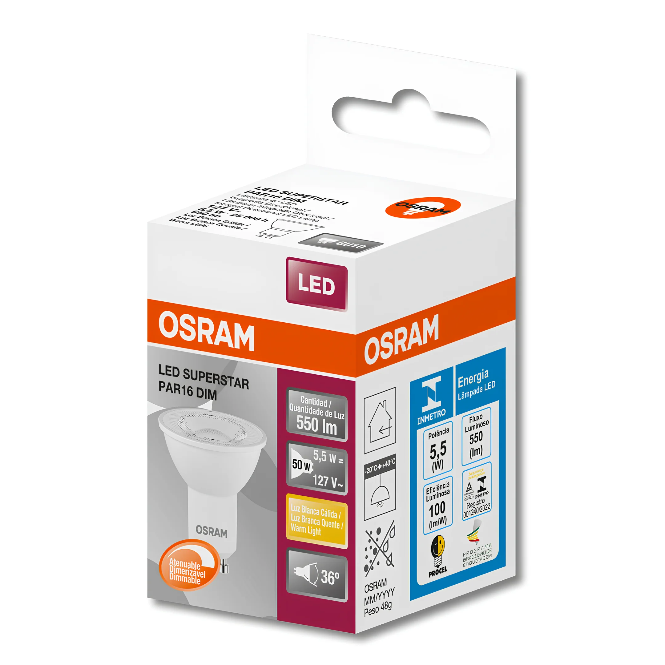 Lampada Led Dicroica Par16 Dim 5,5W 2700K 550Lm Gu10 Osram - Image 3