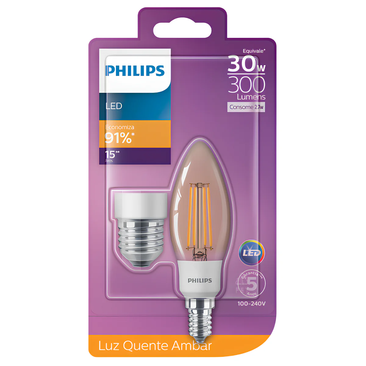 Lampada Led Vela Filamento 2,7W 2500K 300Lm 280° Philips - Image 3